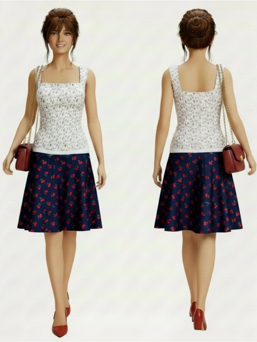🍒 Talbots Cherry Print Flounce Skirt | Size 16W | Navy Red | Retro Pin-Up Midi
